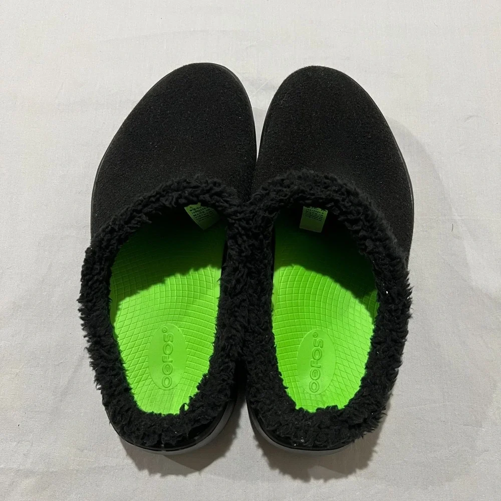 OOFOS Mens Black Sherpa Upper OoCoozie Mule Recovery Slip-On Slippers Size 10